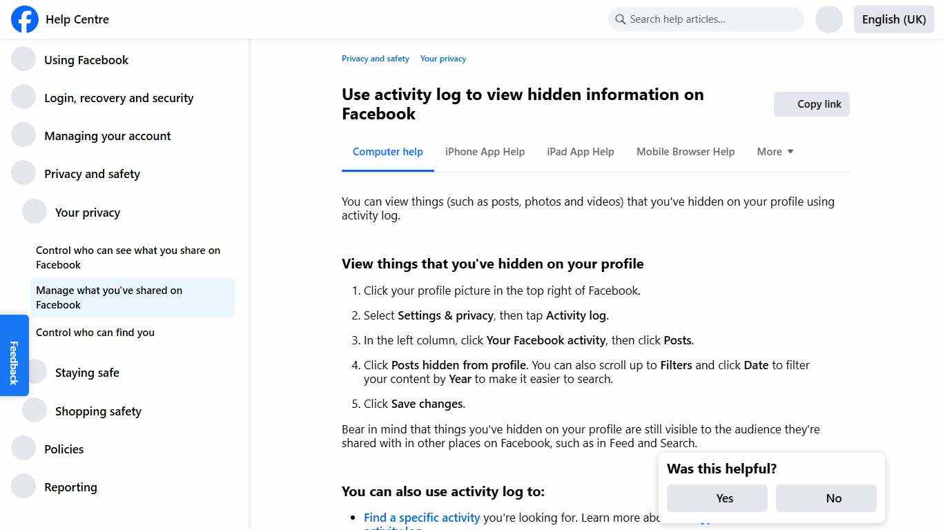 Use activity log to view hidden information on Facebook Facebook Help Centre